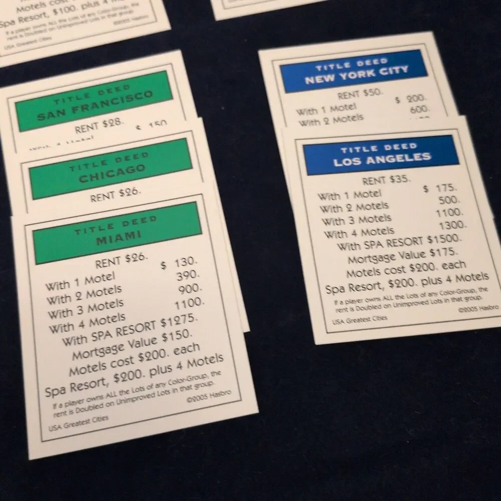 Title Deed Cards USA Greatest Cities Monopoly Piece Parts Replacement 2005